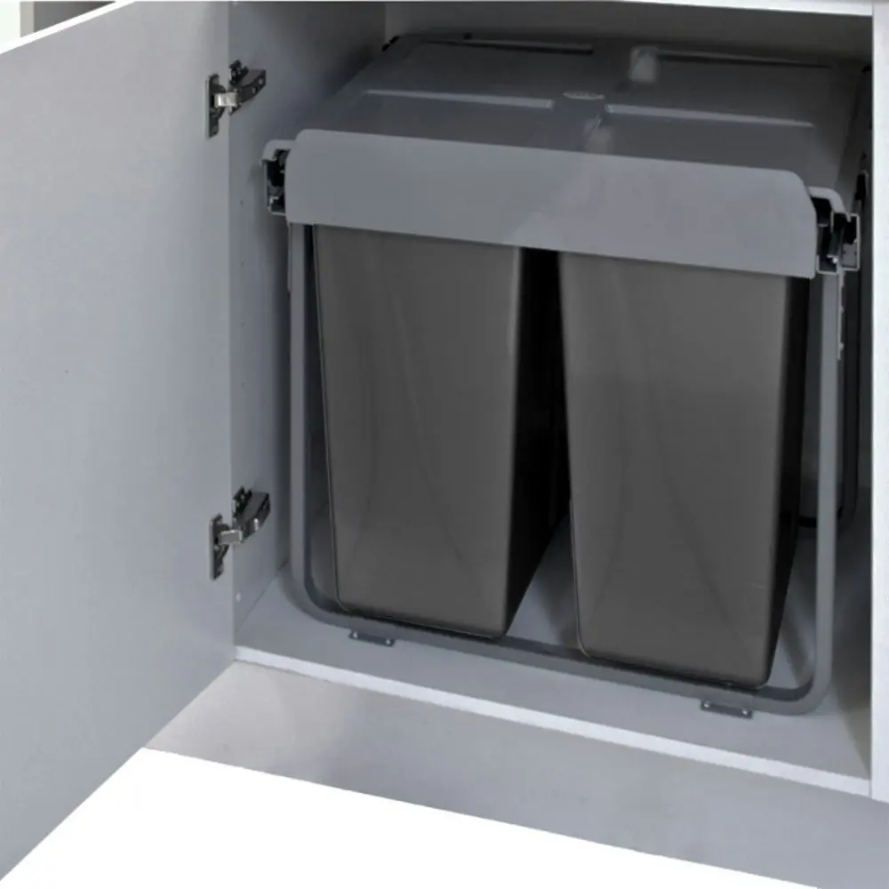 Elite Domestique 68L Twin Slide Out Bottom Mounted Concealed Waste Bin (for 60cm cupboard) - includes Door Bracket