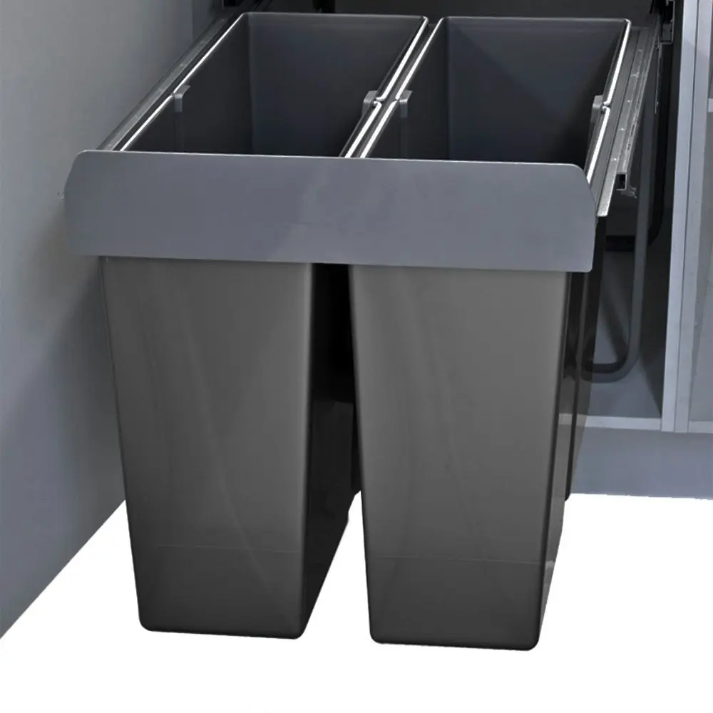 Elite Domestique 68L Twin Slide Out Bottom Mounted Concealed Waste Bin (for 60cm cupboard) - includes Door Bracket