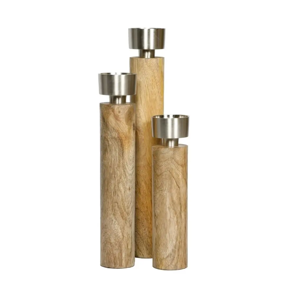 SSH Collection James 30. 5cm Tall Single Candle Holder - Natural Timber and Brushed Silver