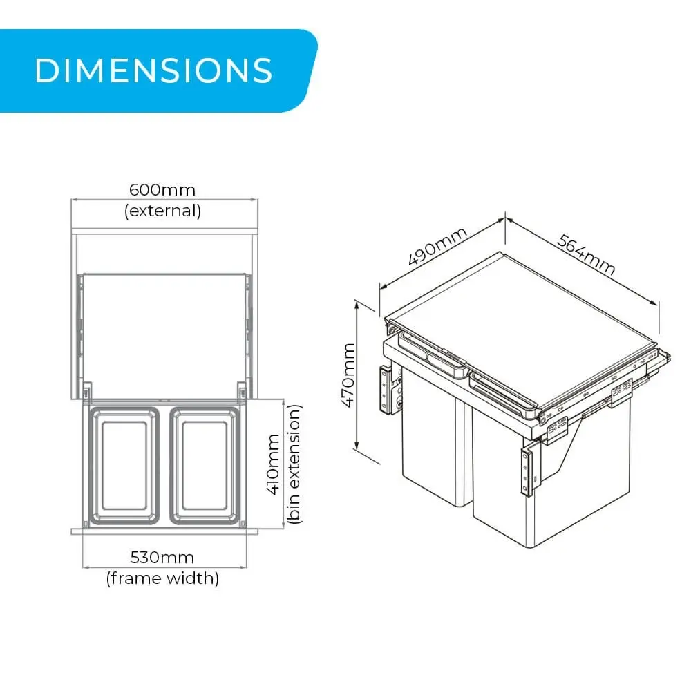 Higold Optum 56L Twin Slide Out Bottom Mounted Concealed Bin (for 60cm cupboard)