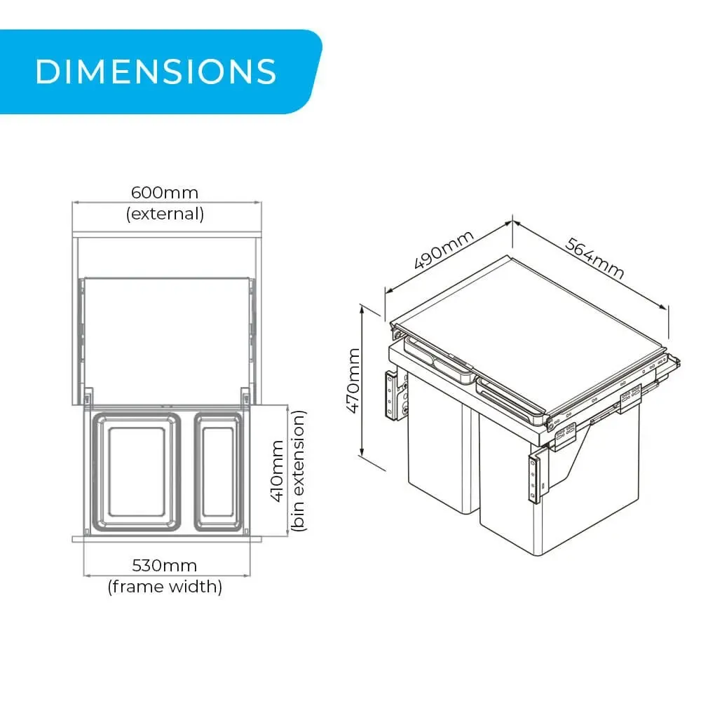 Higold Optum 56L Triple Slide Out Side Mounted Concealed Bin (for 60cm cupboard)