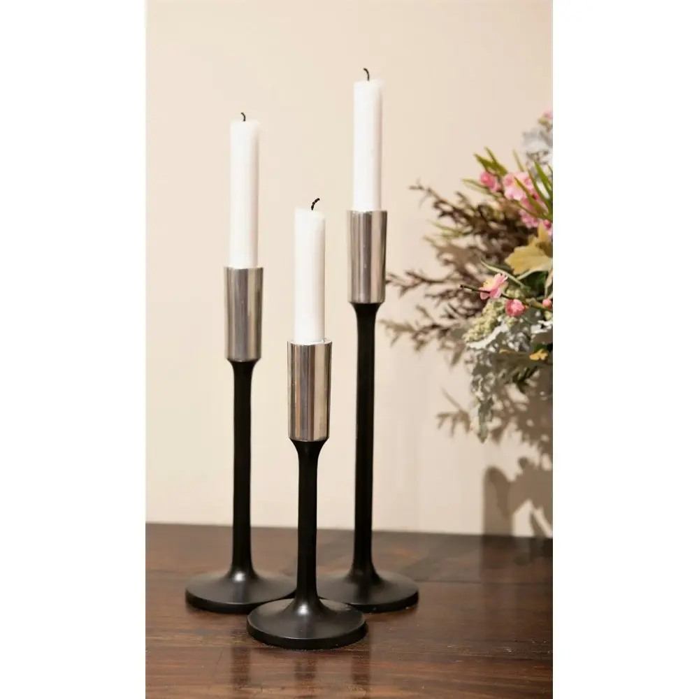 SSH Collection Jupiter 27cm Tall Single Candle Holder - Matte Black with Silver Top