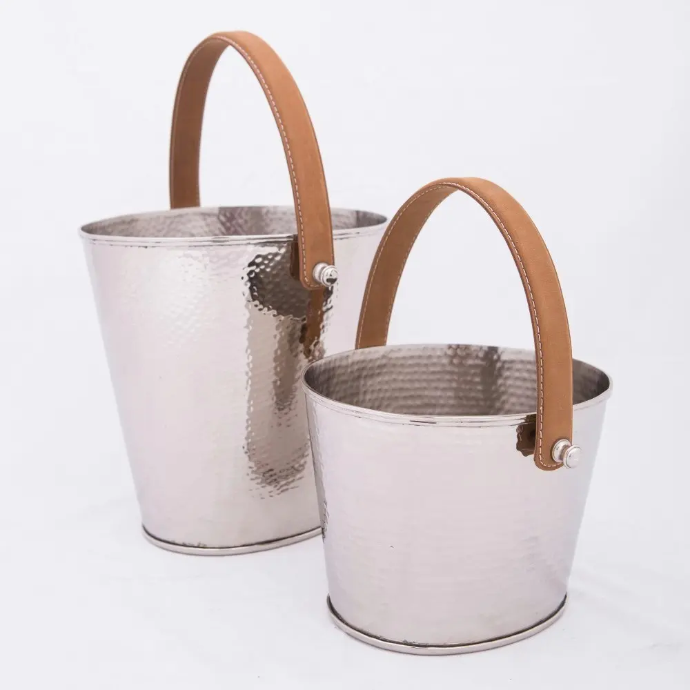 SSH Collection Polo Ice Bucket - Hammered Nickel with Brown Leather Handle