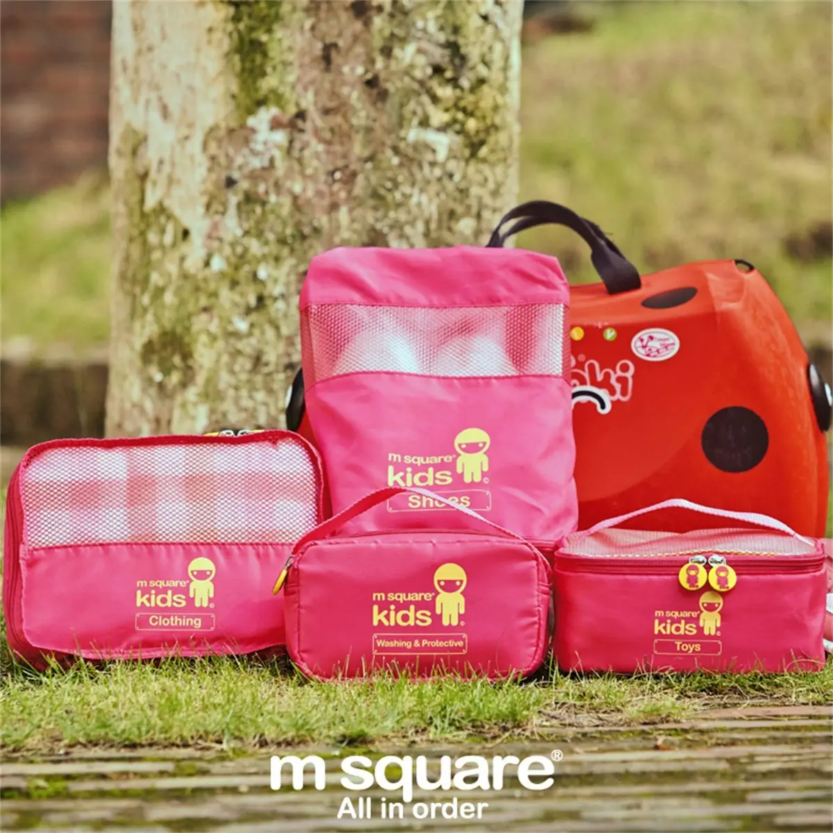 M Square 4 piece set utility Kids lightweight multifunction foldable travel bags Pink