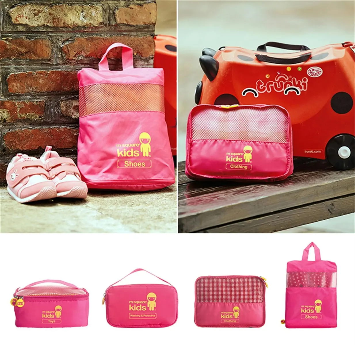 M Square 4 piece set utility Kids lightweight multifunction foldable travel bags Pink