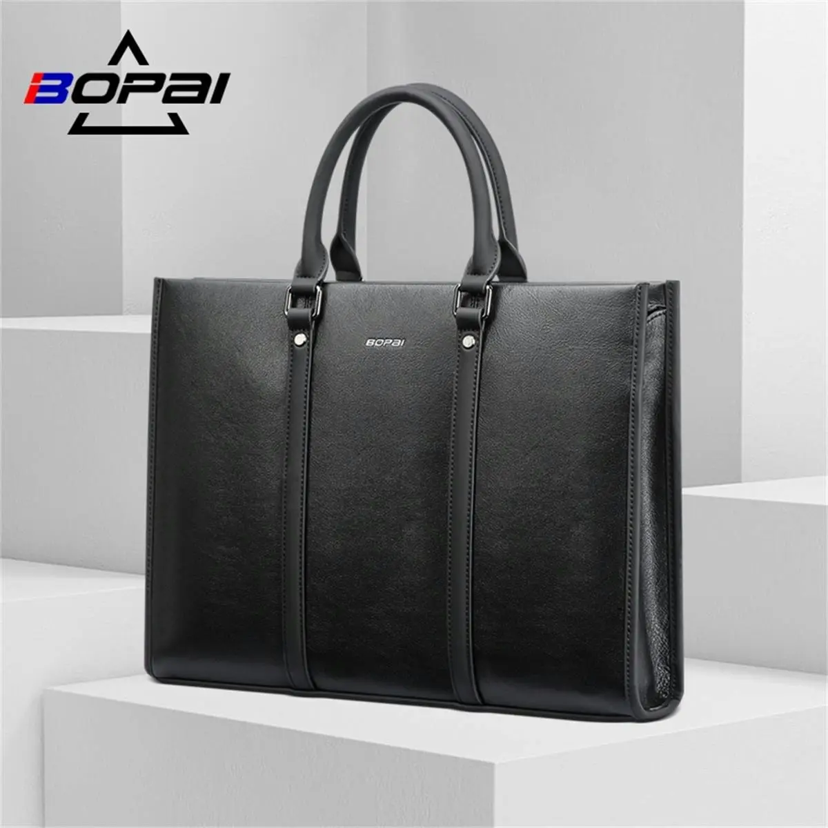 Bopai Luxury Business Shoulder Bag Leather Briefcase 14 Inch Laptop HandBag Black B8711