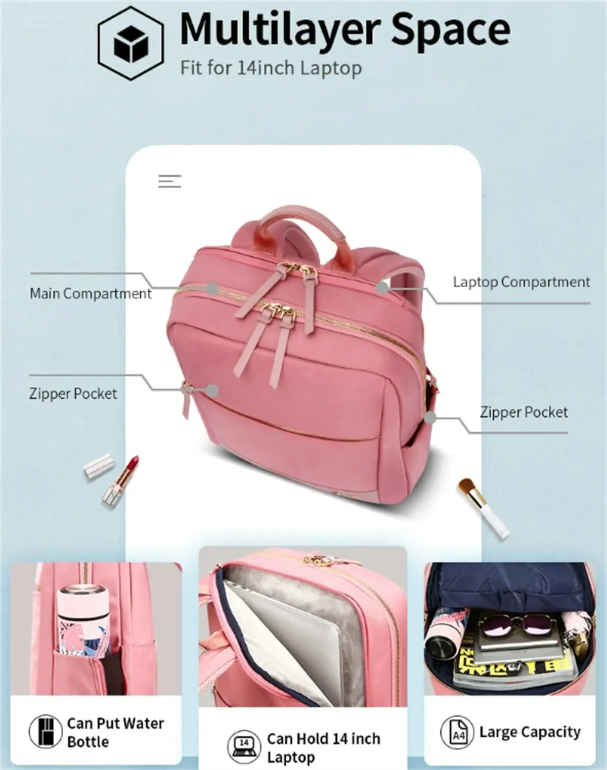 Bopai Luxury Style Waterproof Daypack Women's Business Backpack Travel Shoulder Bag B1316 Pink 14" Laptop