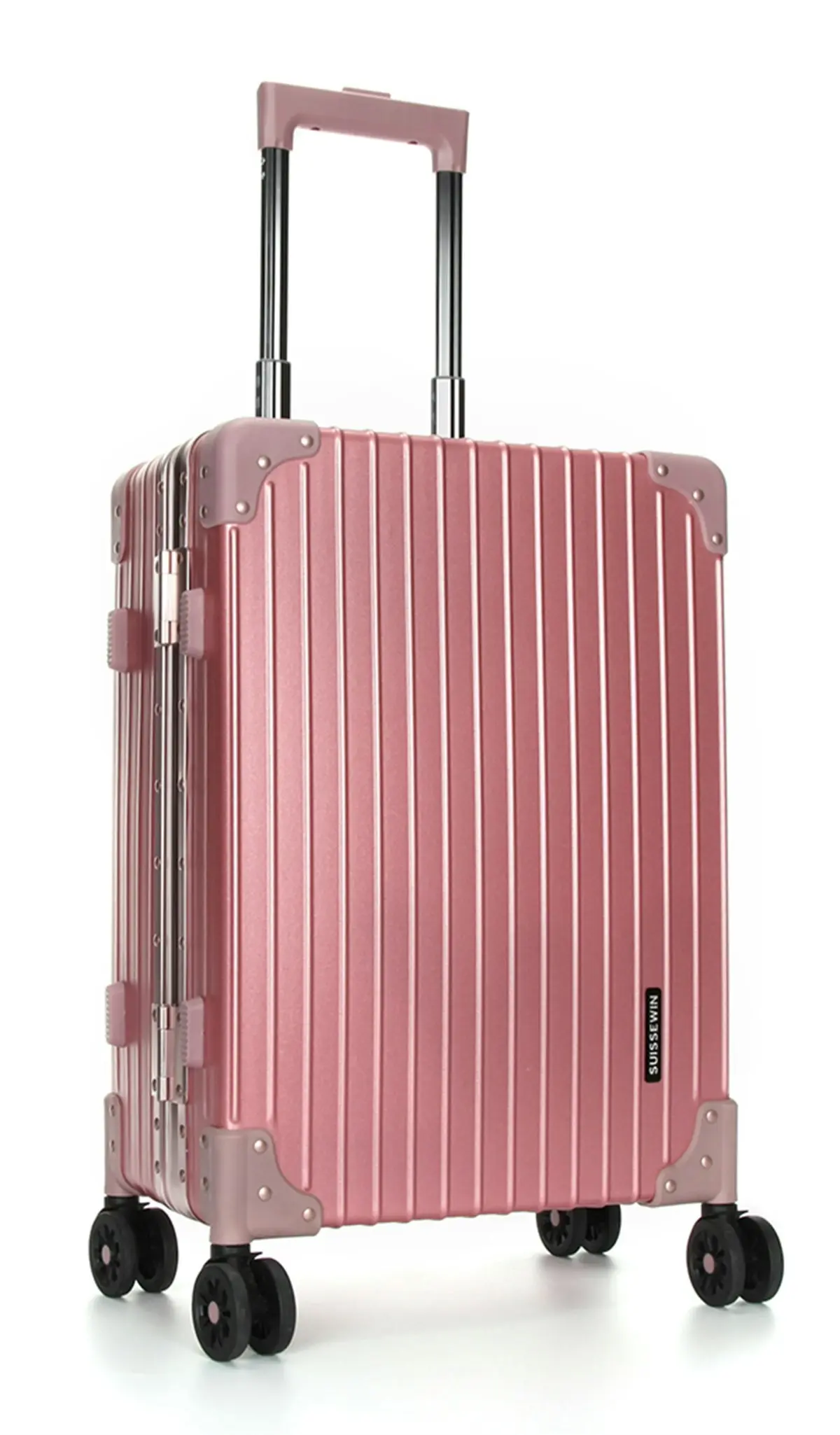 Suissewin Aluminium Luggage Suitcase Lightweight TSA Lock 8 Wheels 360 Degree Rolling Carry On Hardcase SN7711A Rosegold