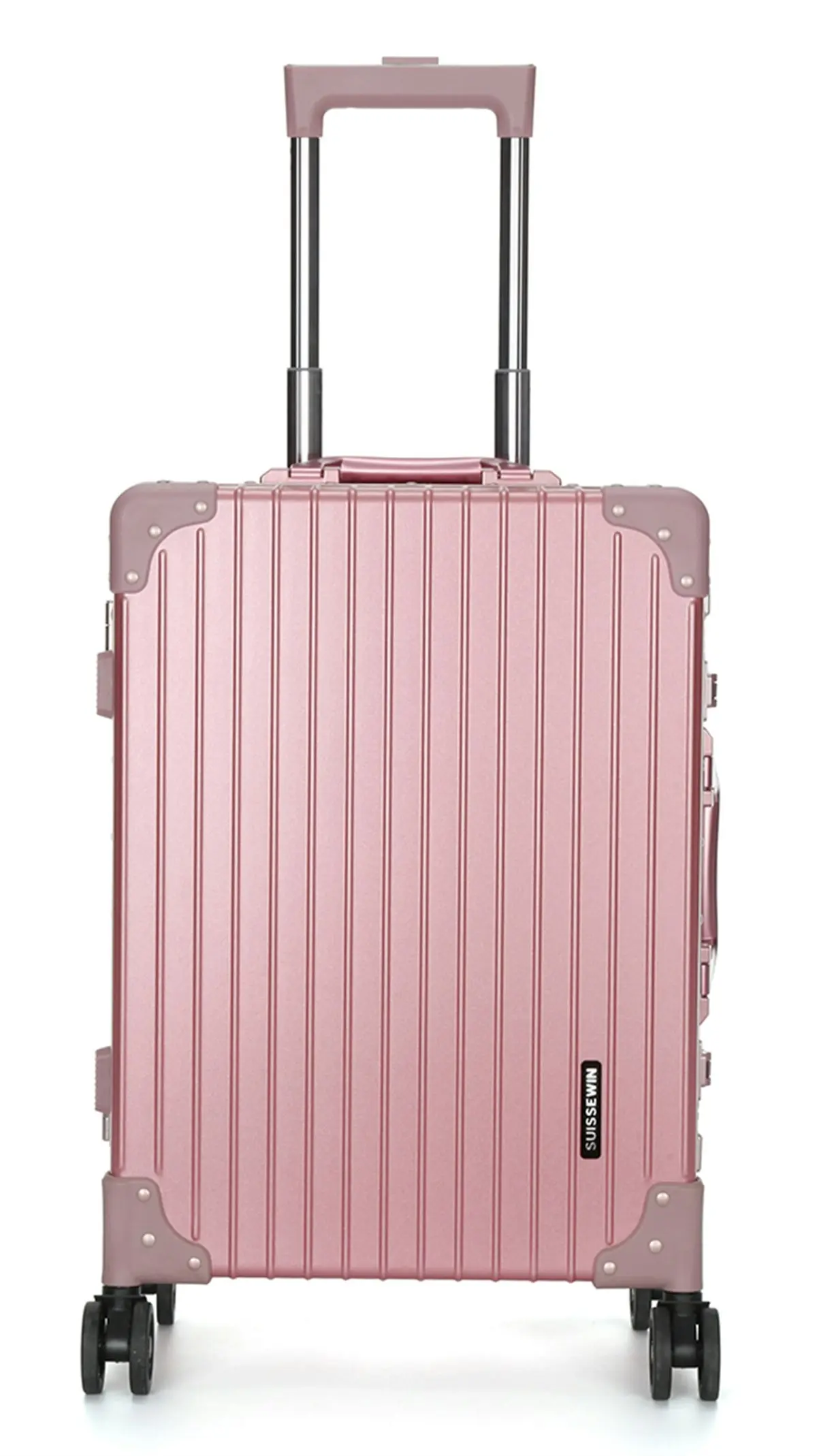 Suissewin Aluminium Luggage Suitcase Lightweight TSA Lock 8 Wheels 360 Degree Rolling Carry On Hardcase SN7711A Rosegold