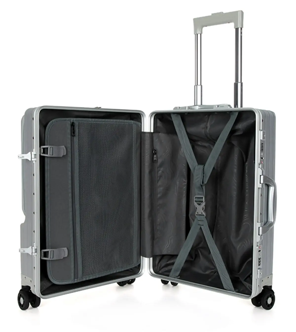 Suissewin Swiss Aluminium Luggage Suitcase Lightweight TSA locker 8 wheels Check In HardCase SN8610B Silver