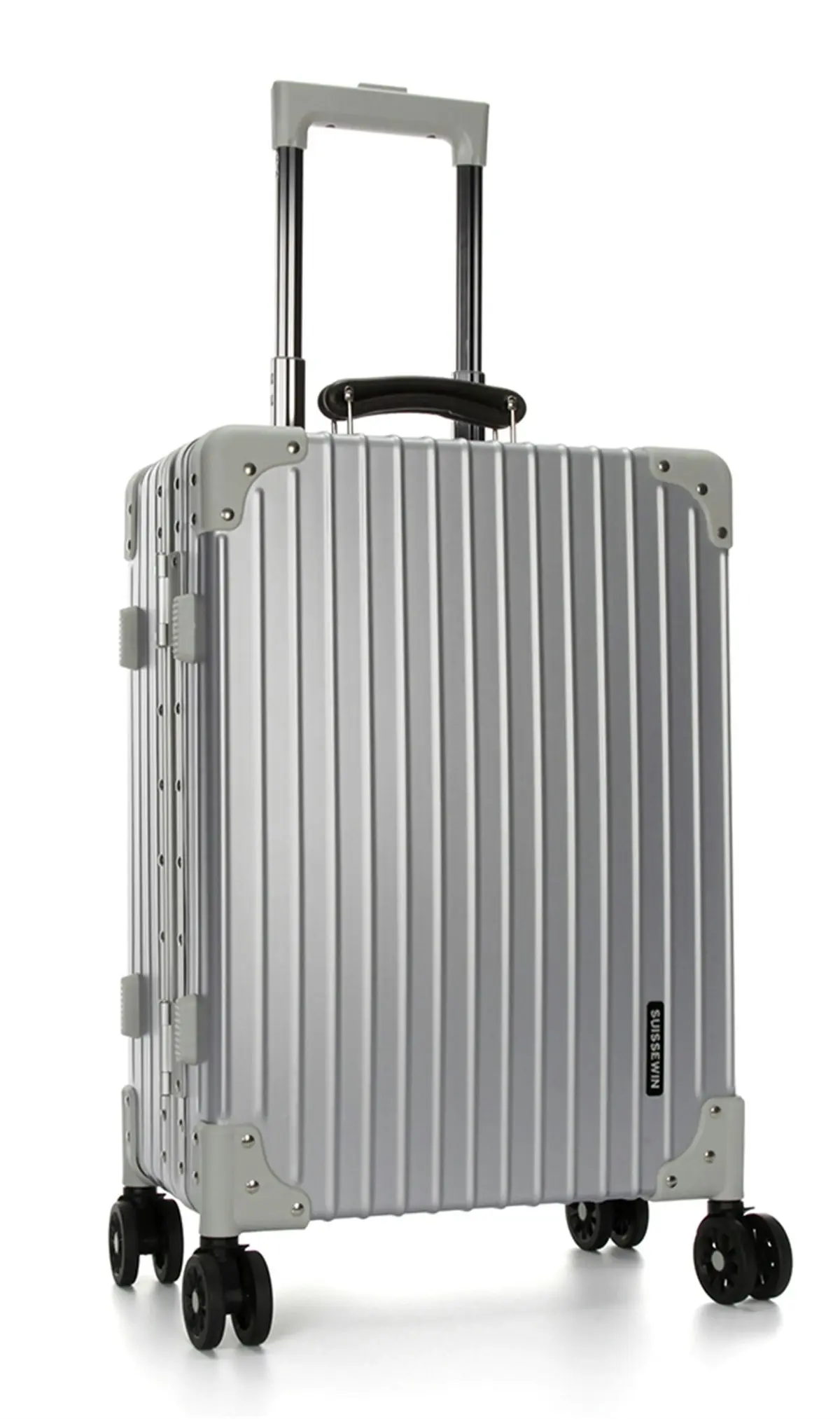 Suissewin Swiss Aluminium Luggage Suitcase Lightweight TSA locker 8 wheels Check In HardCase SN7611B Silver