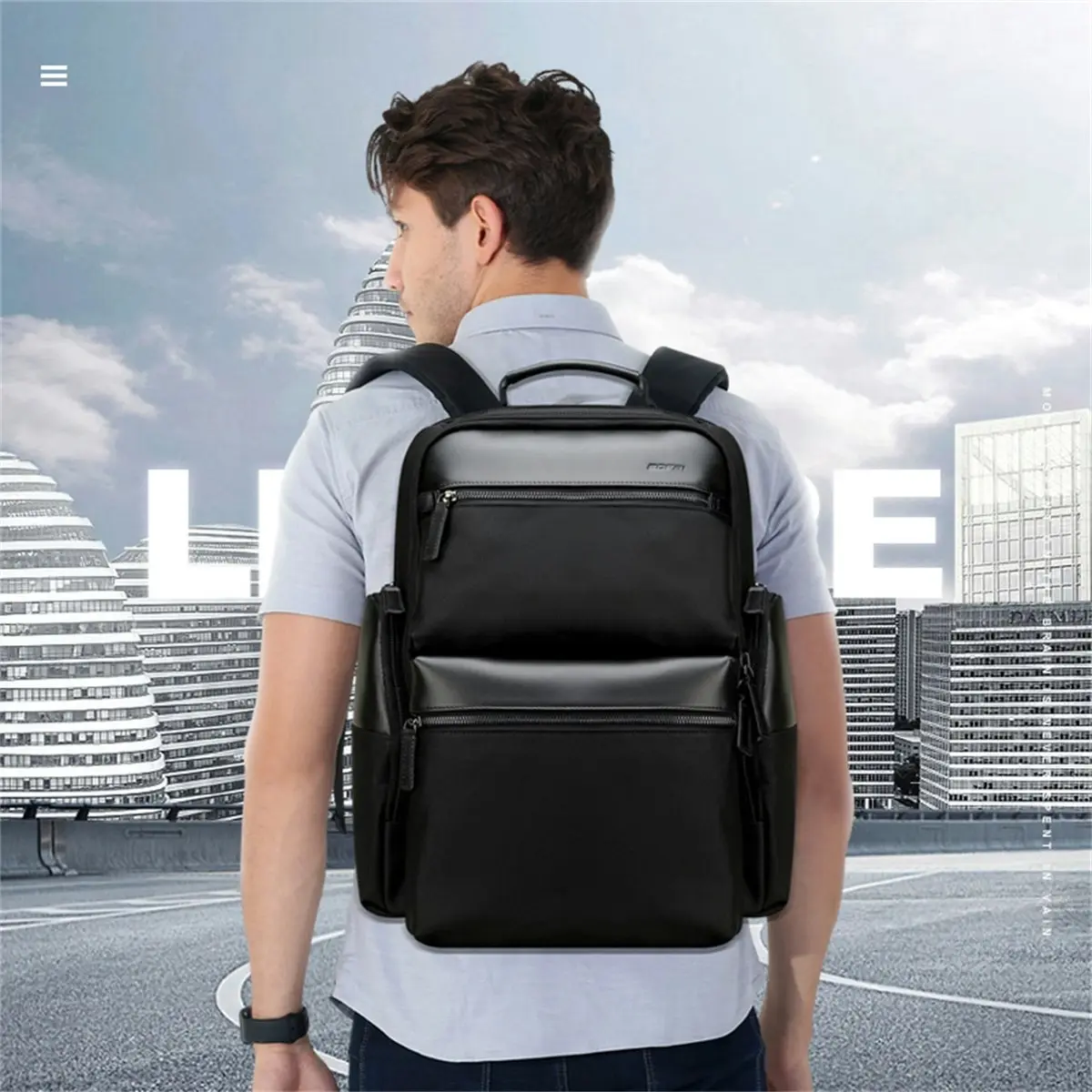 Bopai Luxury Leather & Microfibre Anti-Theft Business Travel With Usb Charging Backpack Black 15.6" Laptop B0211