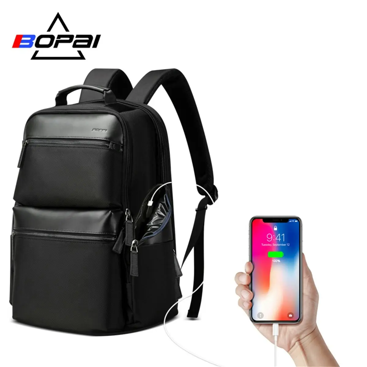 Bopai Luxury Leather & Microfibre Anti-Theft Business Travel With Usb Charging Backpack Black 15.6" Laptop B0211