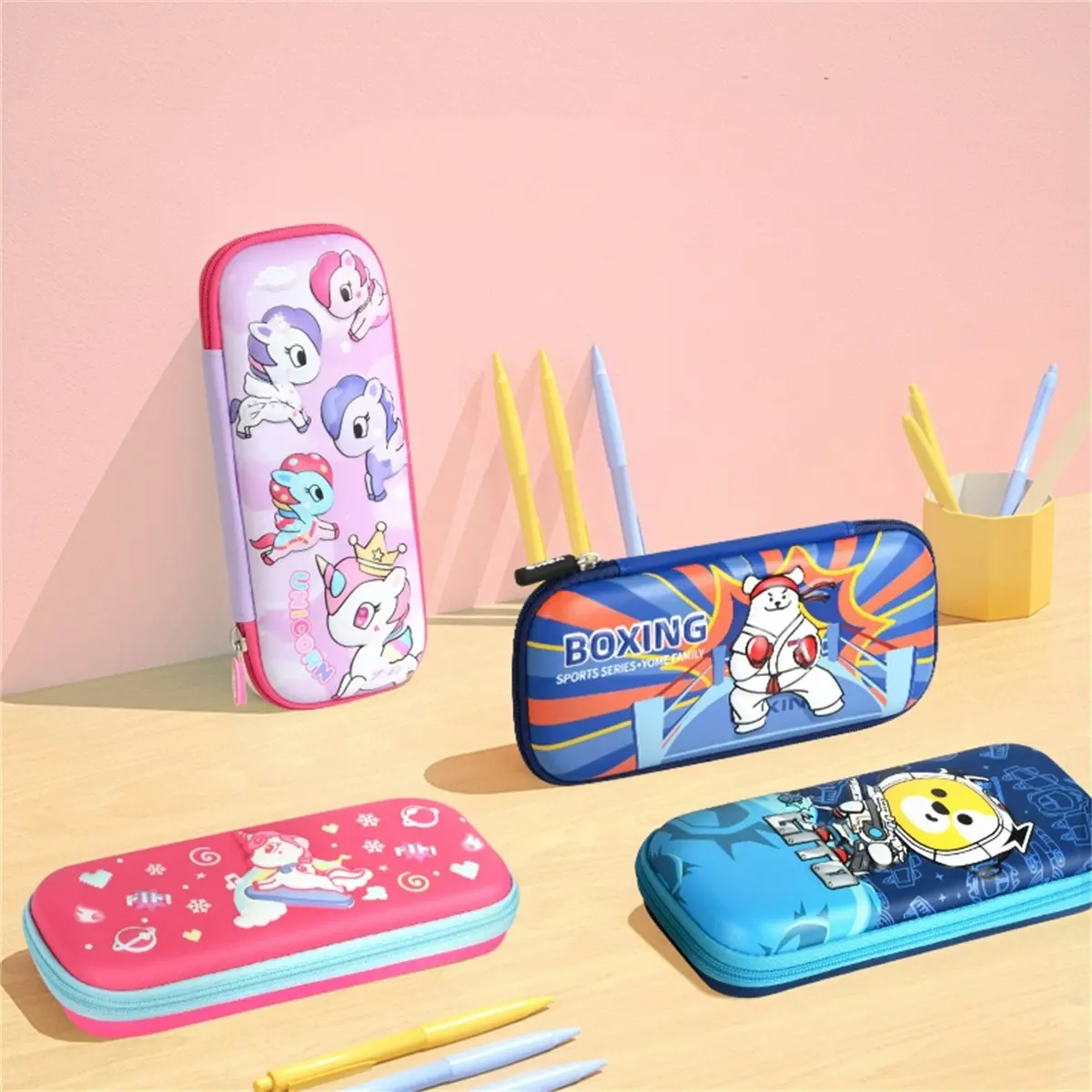 Yome 180 Degree Opening Kids School Pencil Case With 3D EVA Cartoon Pattern C Pink