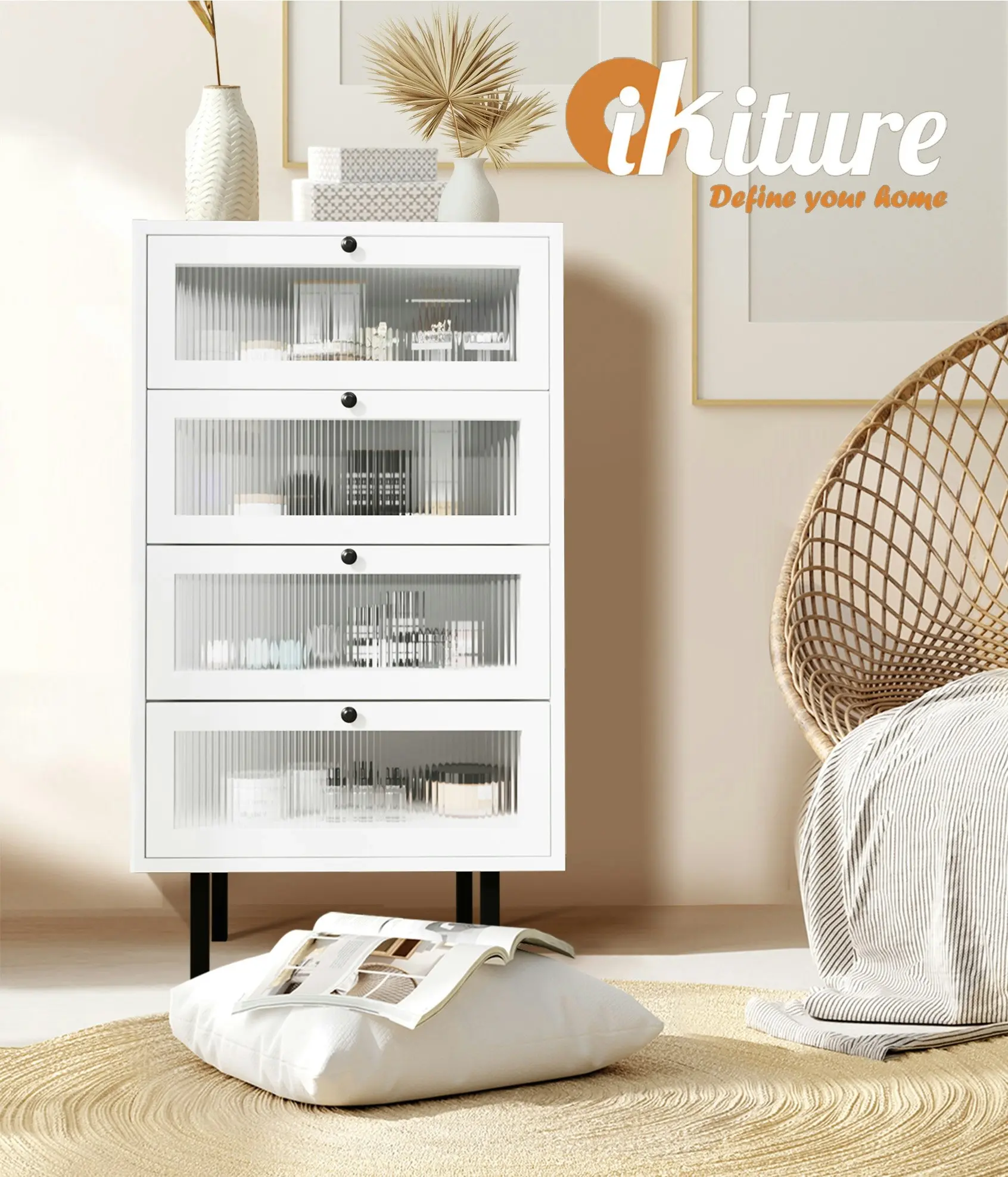 Oikiture 4 Chest of Drawers Tallboy Dresser Storage Cabinet Sideboard White