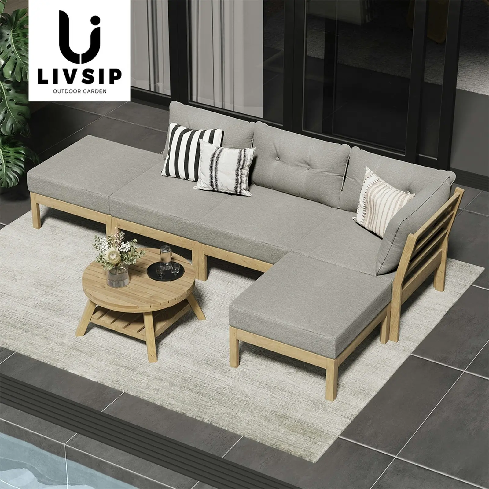 Livsip Outdoor Lounge Sofa Set 6 Piece Garden Furniture Dining Table Chairs Grey