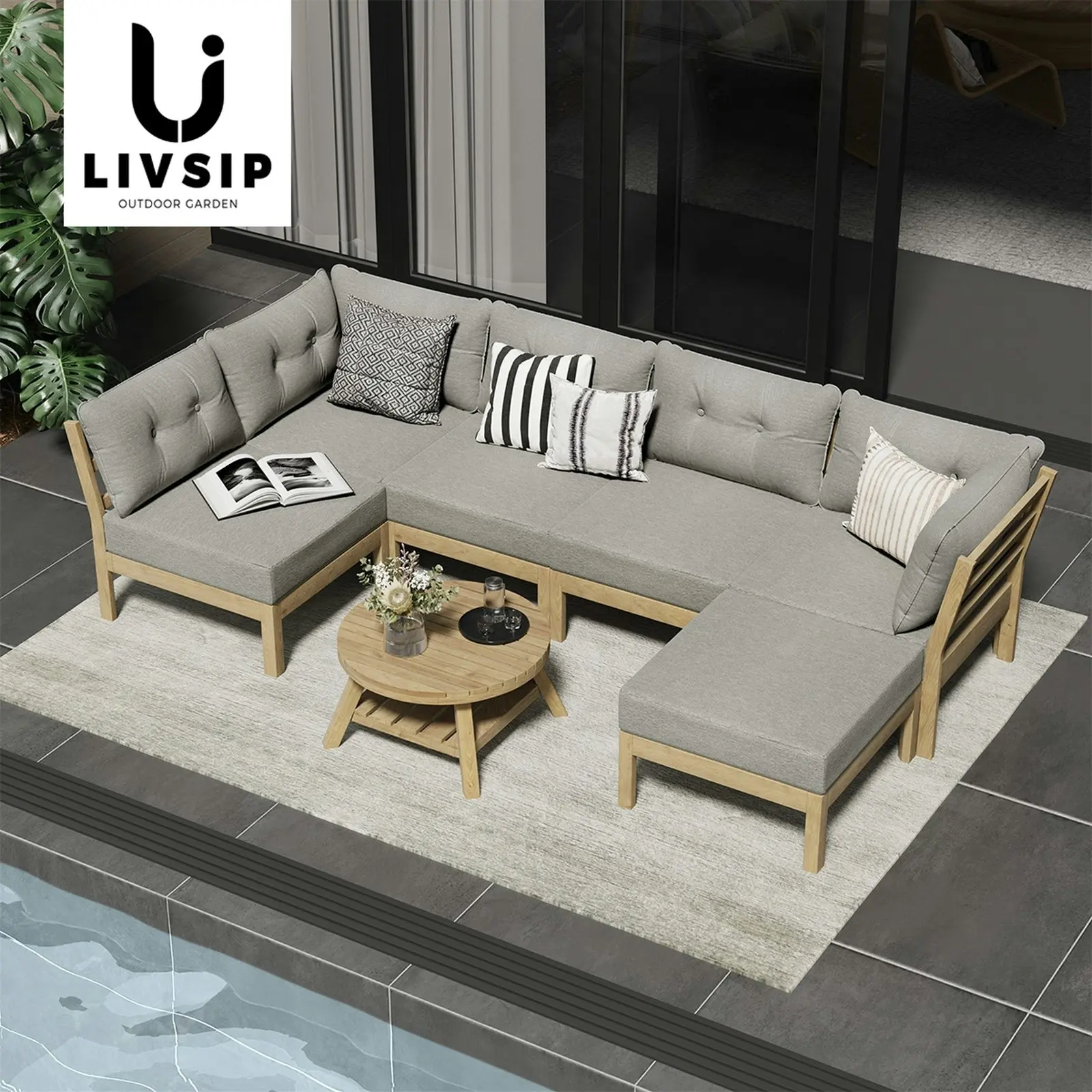 Livsip 7 Piece Outdoor Sofa Set 6-Seater Lounge Setting Garden Table Chairs Grey