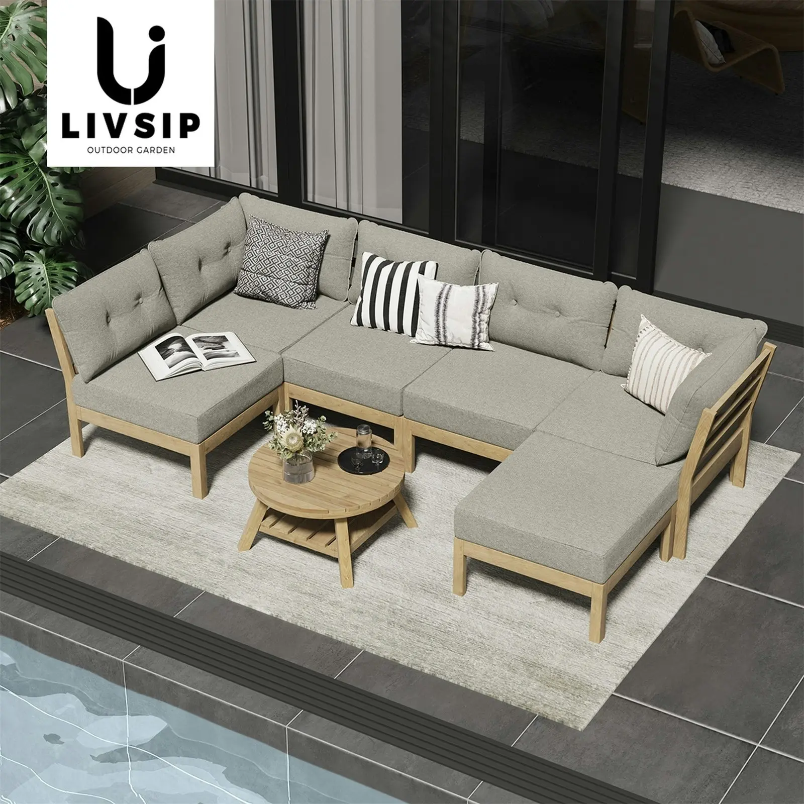 Livsip 7 Piece Outdoor Sofa Set 5-Seater Lounge Setting Garden Table Chairs