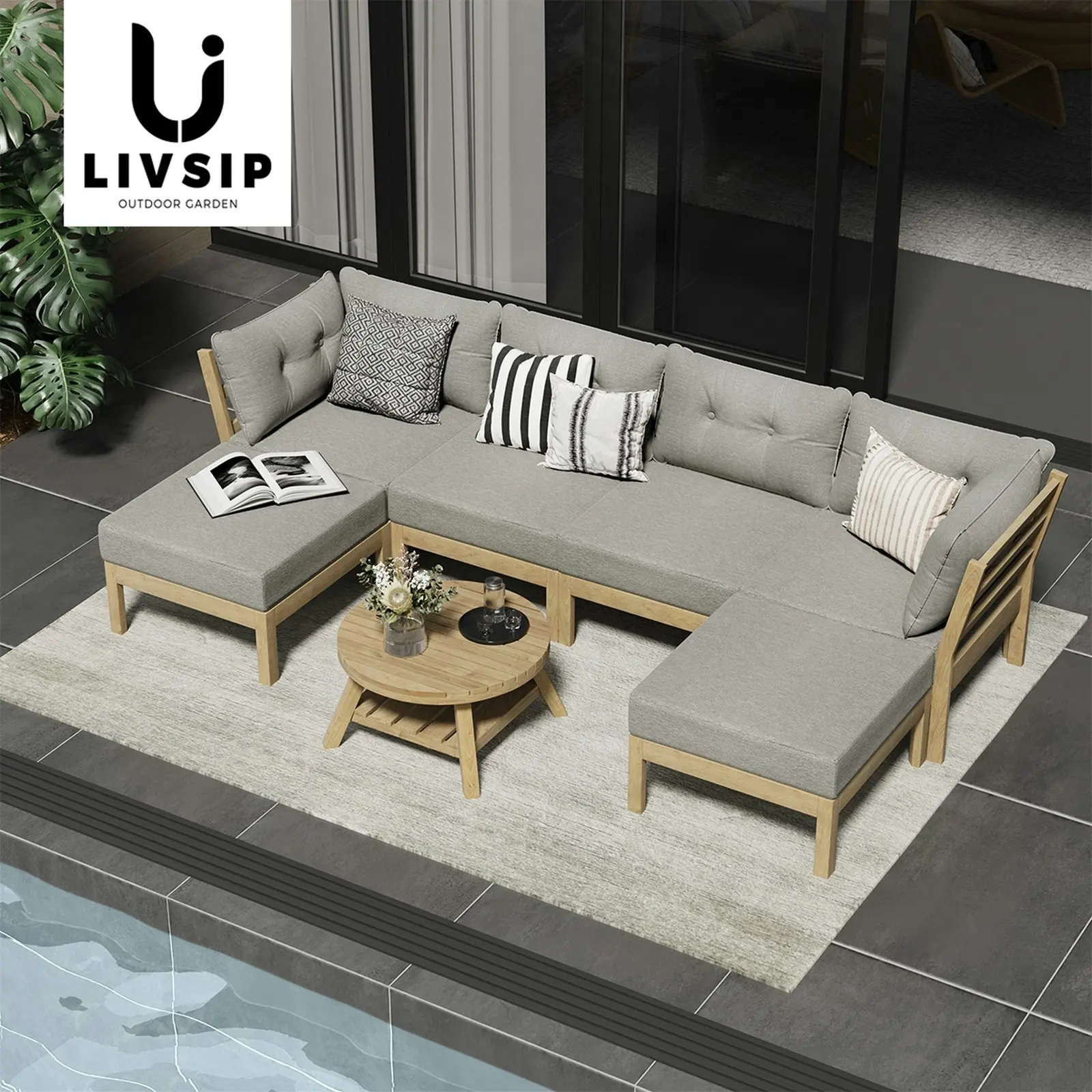 Livsip 7 Piece Outdoor Lounge Sofa Set Garden Furniture Dining Table Chairs Grey