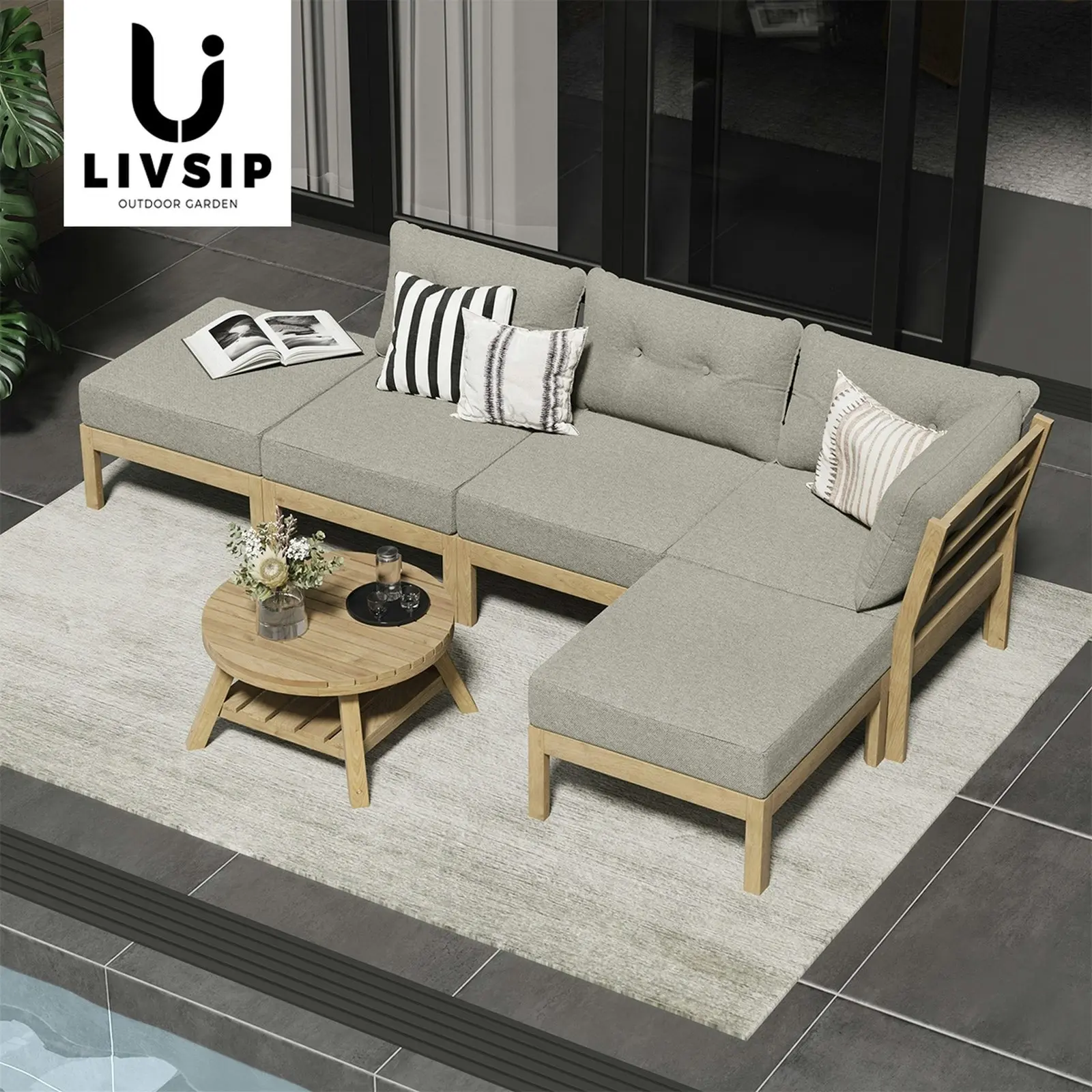 Livsip Outdoor Lounge Sofa Set 6 Piece Garden Furniture Dining Table Chairs