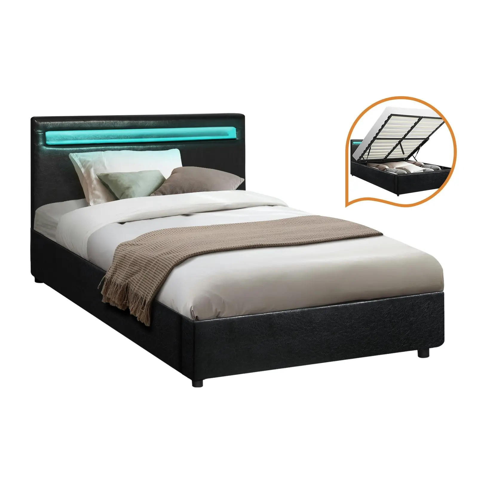 Oikiture Bed Frame RGB LED King Single Gas Lift Storage Base Black