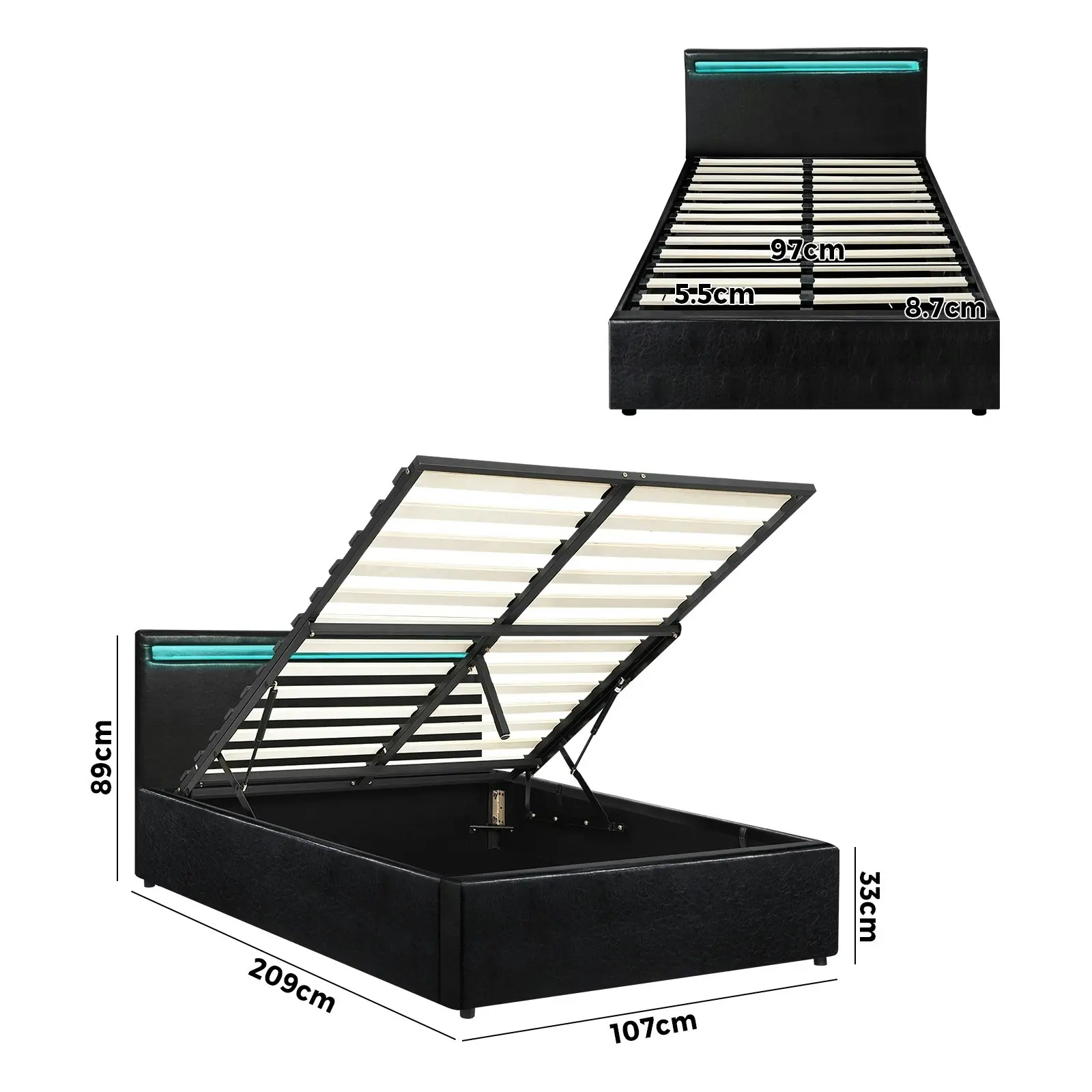 Oikiture Bed Frame RGB LED King Single Gas Lift Storage Base Black