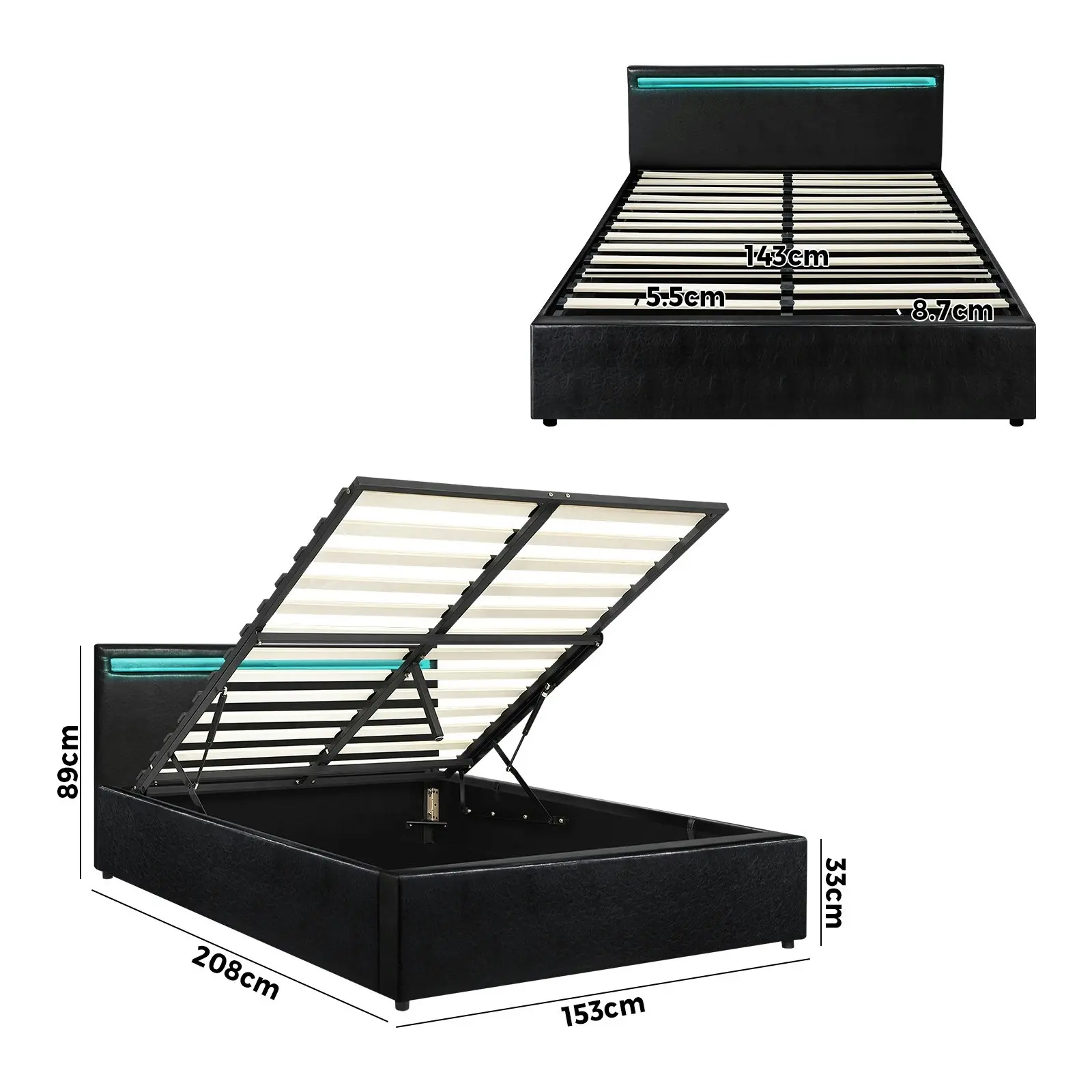 Oikiture Bed Frame RGB LED Queen Size Gas Lift Storage Base Black