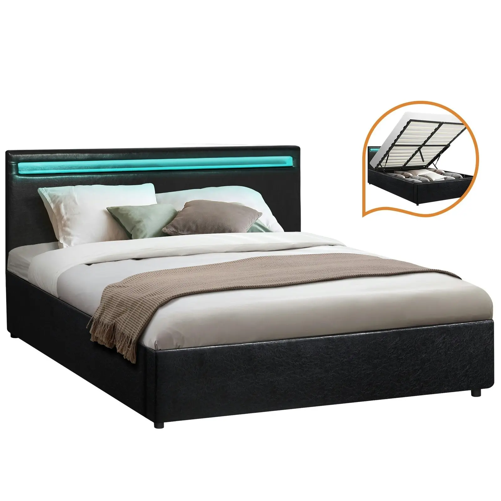 Oikiture Bed Frame RGB LED Queen Size Gas Lift Storage Base Black