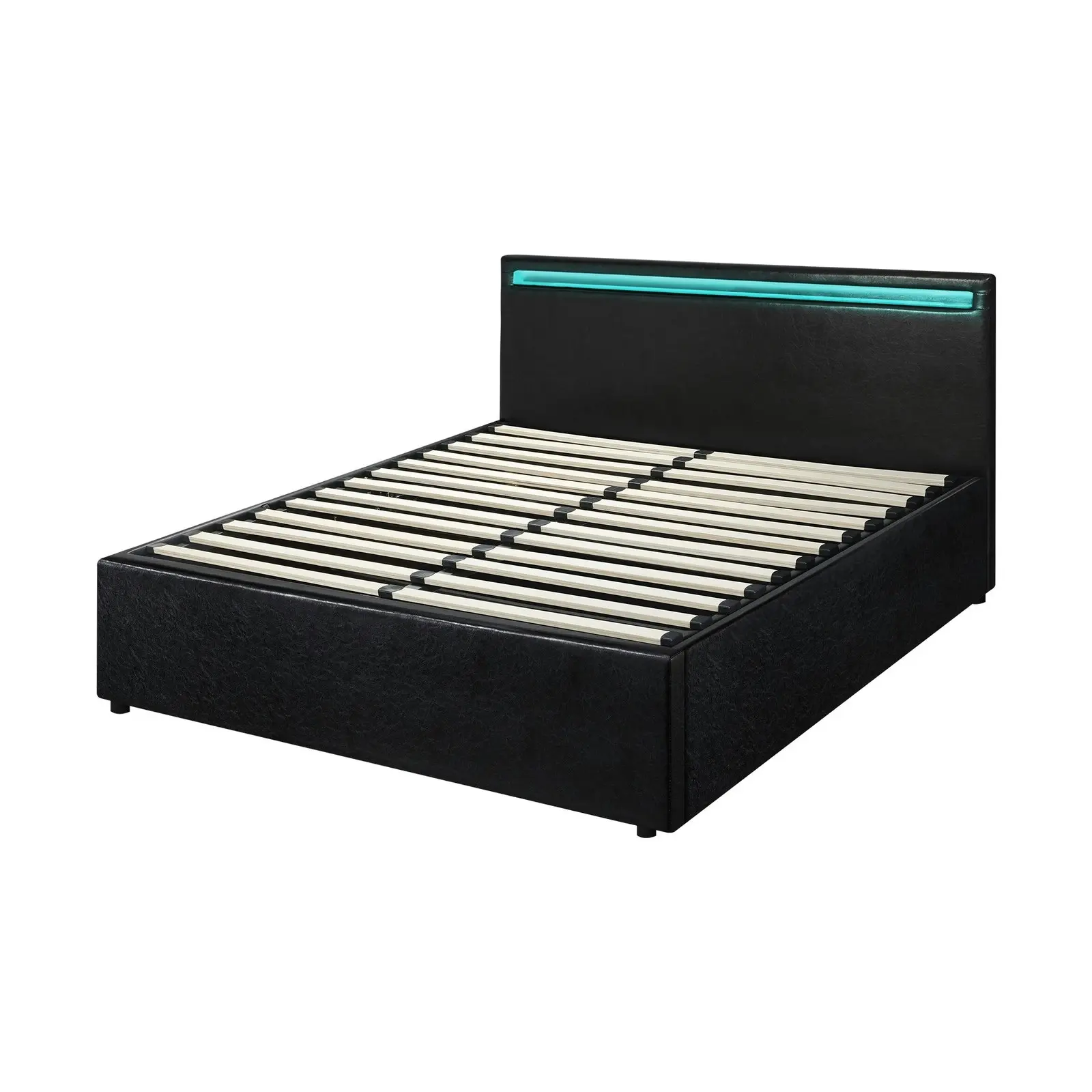 Oikiture Bed Frame RGB LED Queen Size Gas Lift Storage Base Black