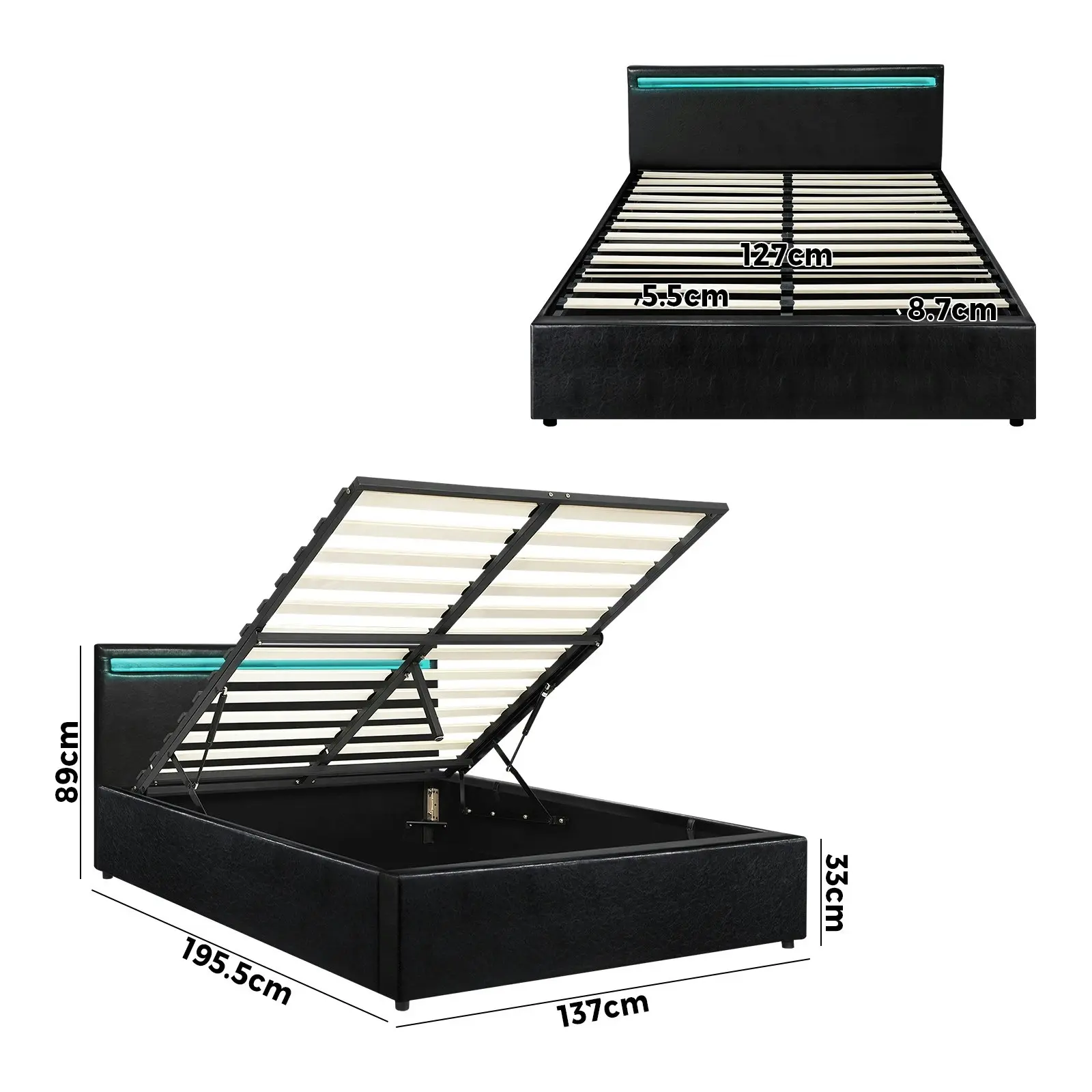 Oikiture Bed Frame RGB LED Double Size Gas Lift Storage Base Black