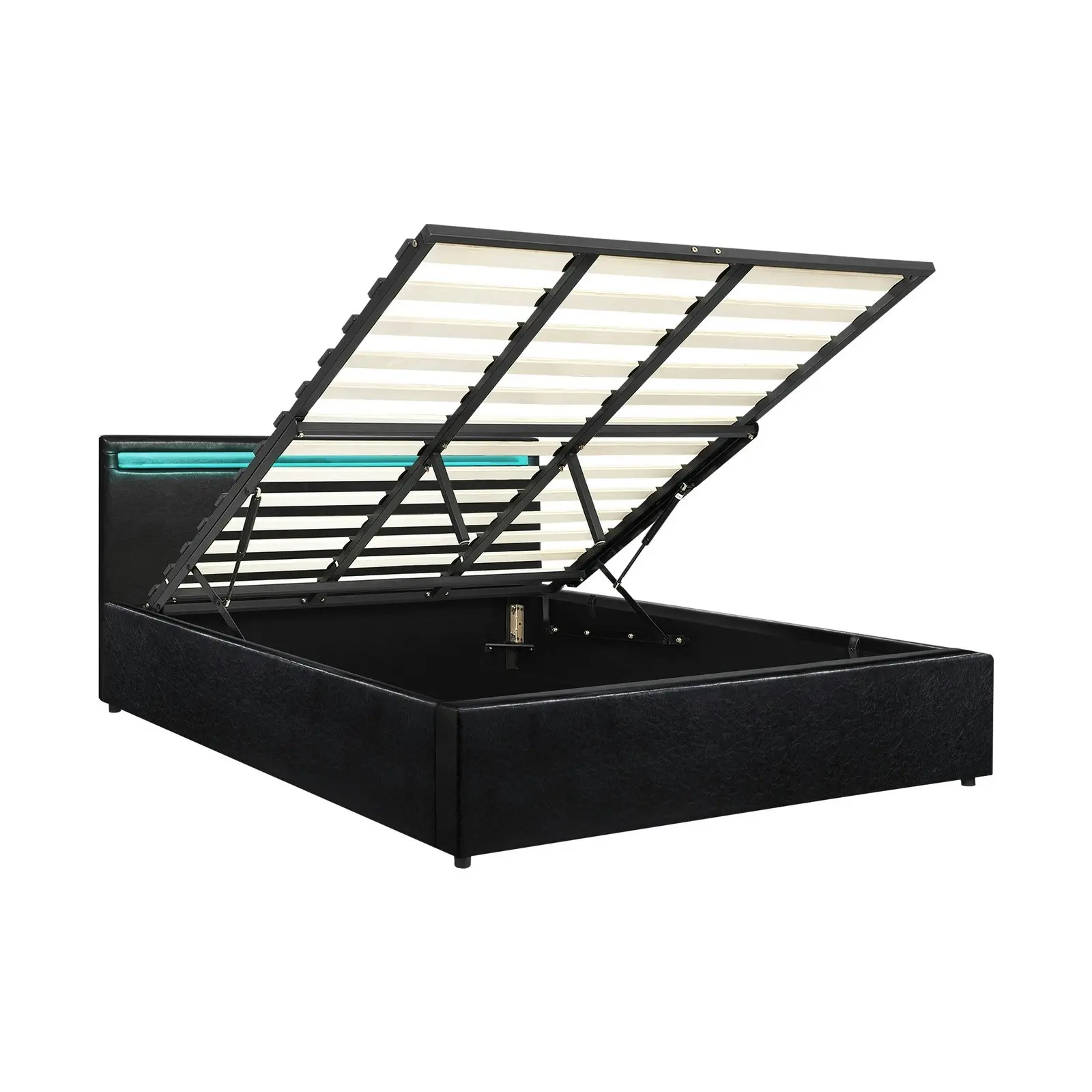 Oikiture Bed Frame RGB LED King Size Gas Lift Storage Base Black