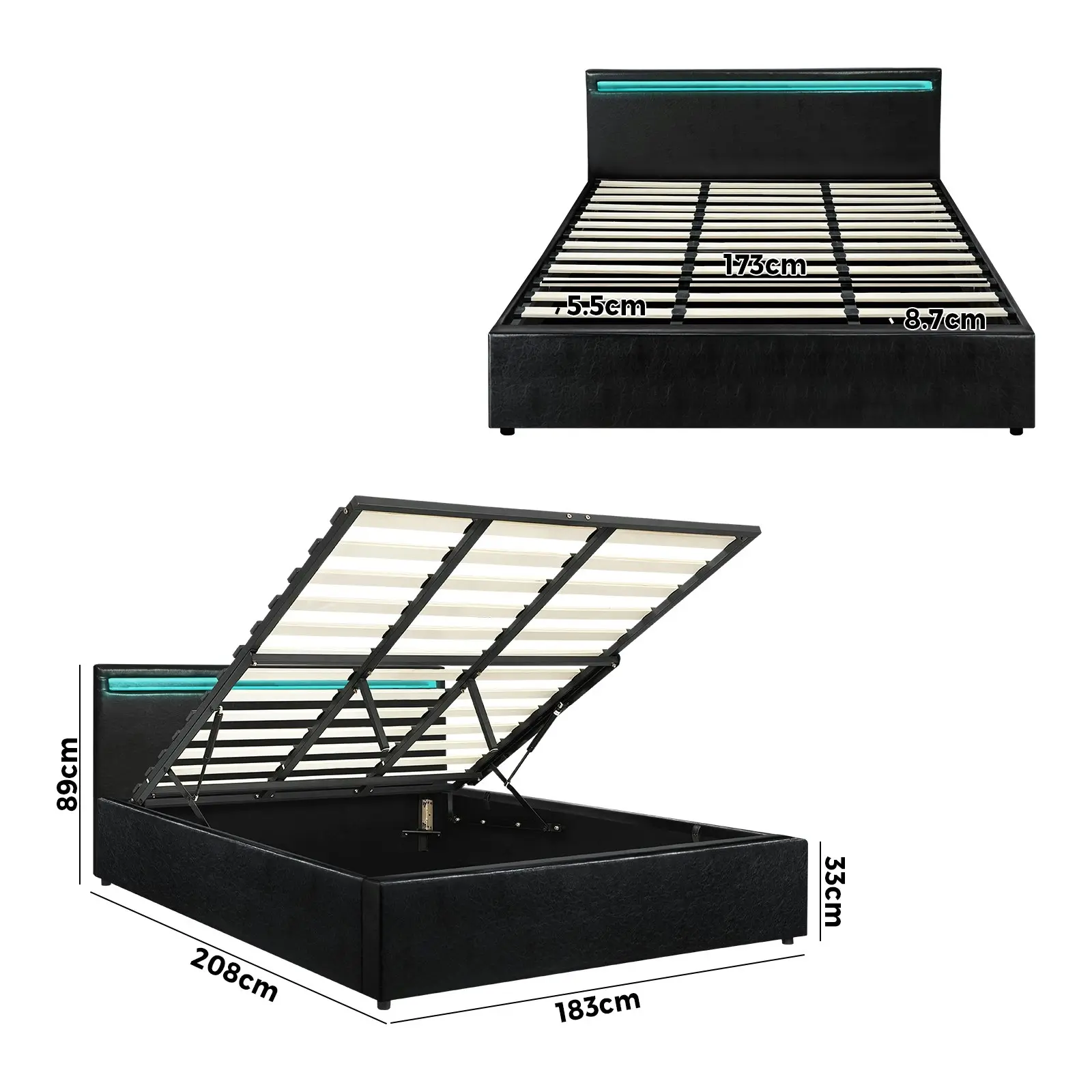 Oikiture Bed Frame RGB LED King Size Gas Lift Storage Base Black