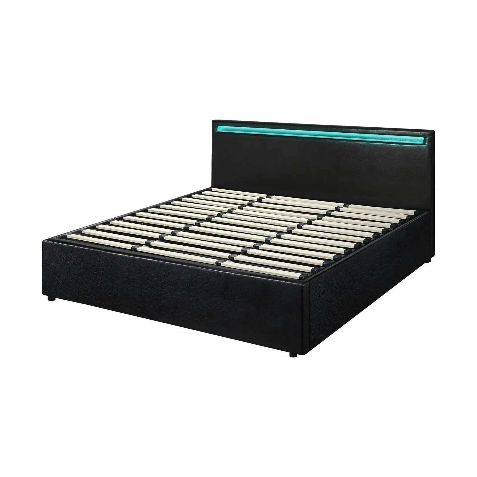 Oikiture Bed Frame RGB LED King Size Gas Lift Storage Base Black