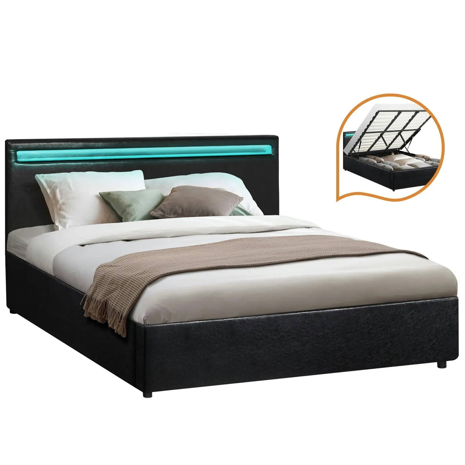 Oikiture Bed Frame RGB LED King Size Gas Lift Storage Base Black