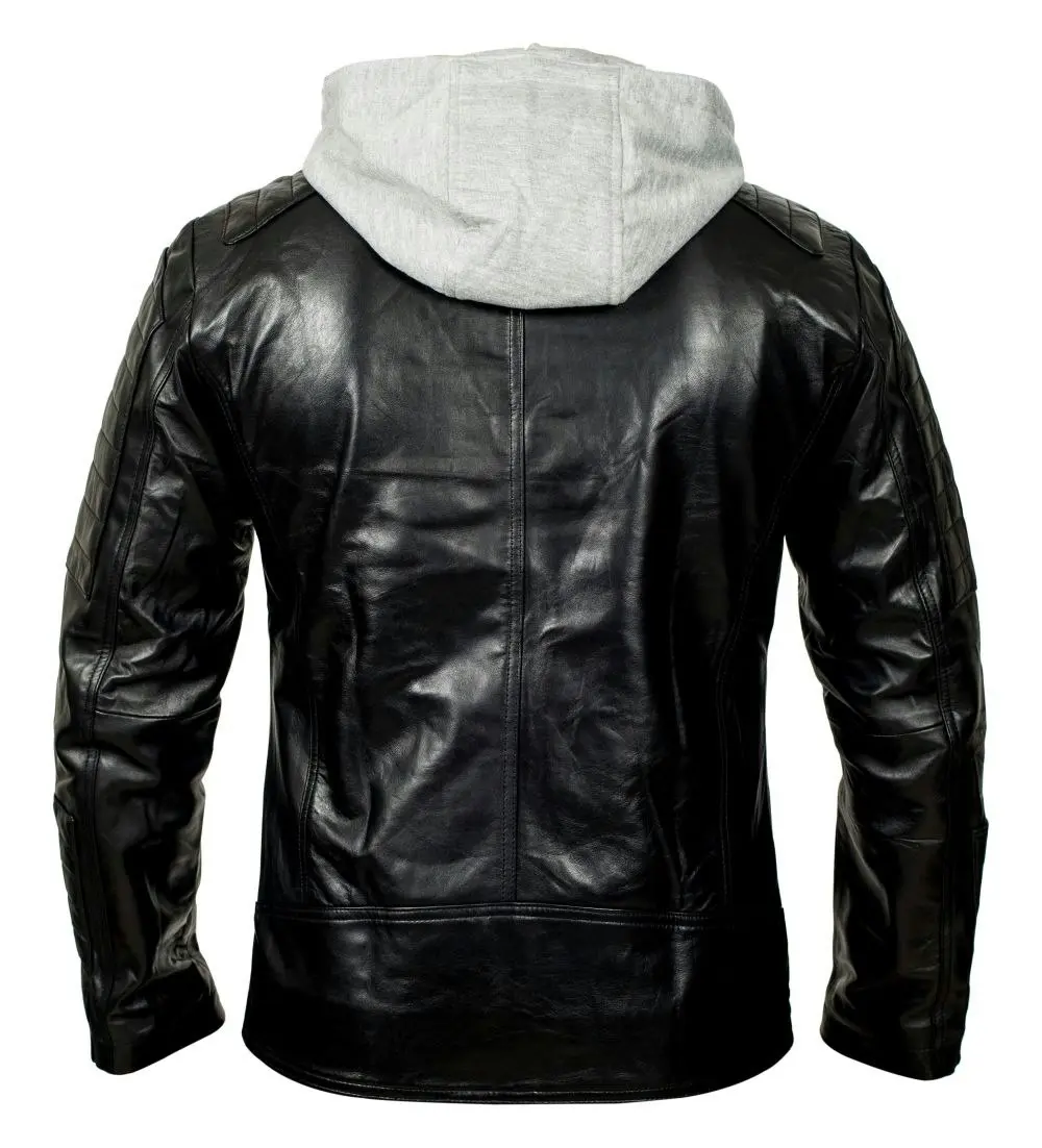 Hooded Biker Jacket /Black Leather Sheepskin