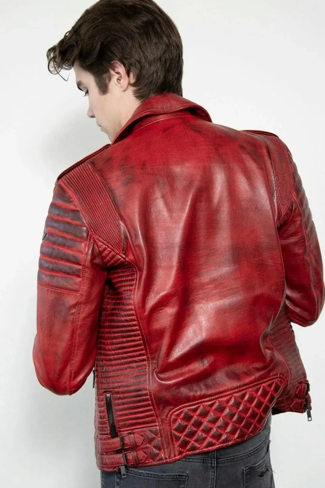 Men Quilted Red Leather Biker Jacket