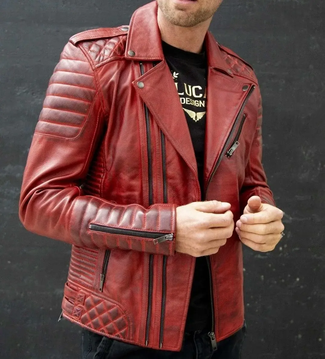 Men Quilted Red Leather Biker Jacket