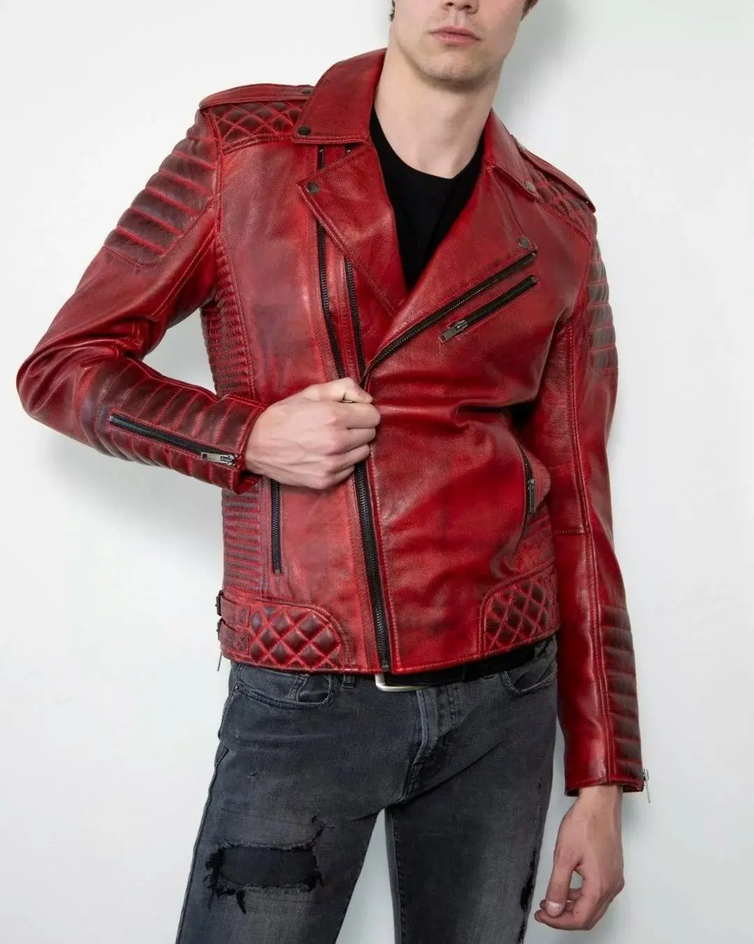 Men Quilted Red Leather Biker Jacket