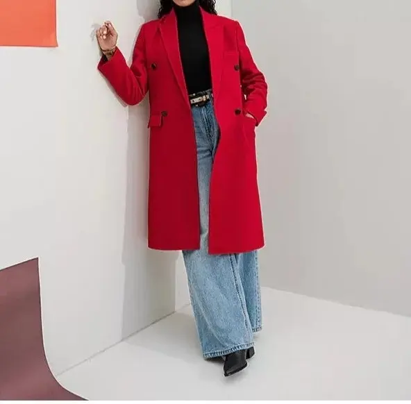 Women Red Wool Long Coat