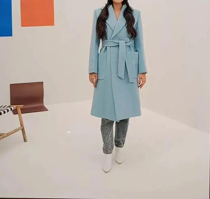 Women Blue Wool Long Coat