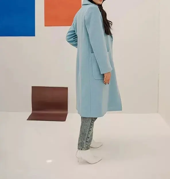 Women Blue Wool Long Coat