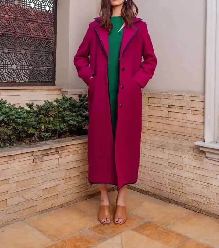 Women Magenta Wool Long Coat