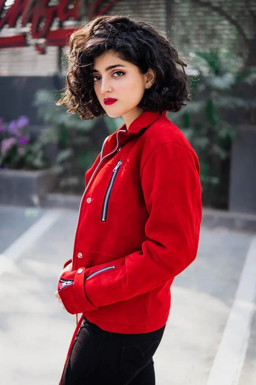 Red Suede Bomber Jacket Women