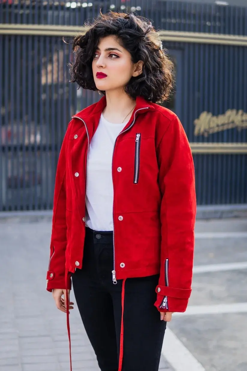 Red Suede Bomber Jacket Women