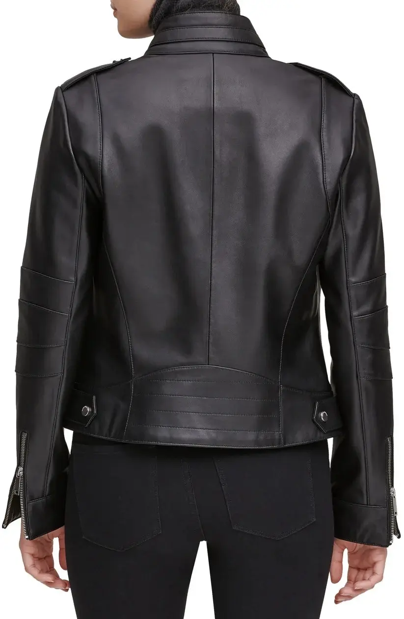 Women Stand Collar Jacket Black Leather