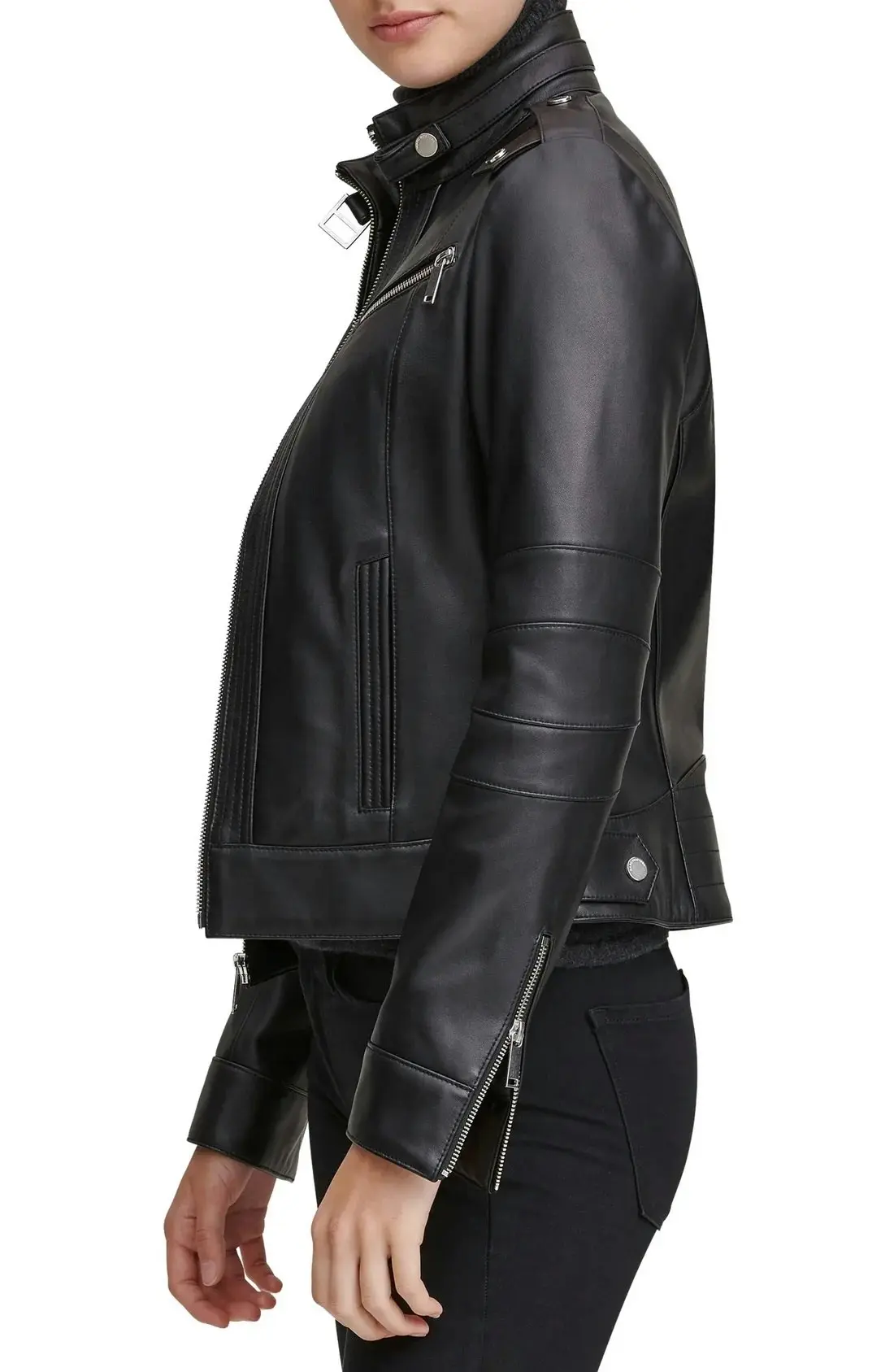 Women Stand Collar Jacket Black Leather