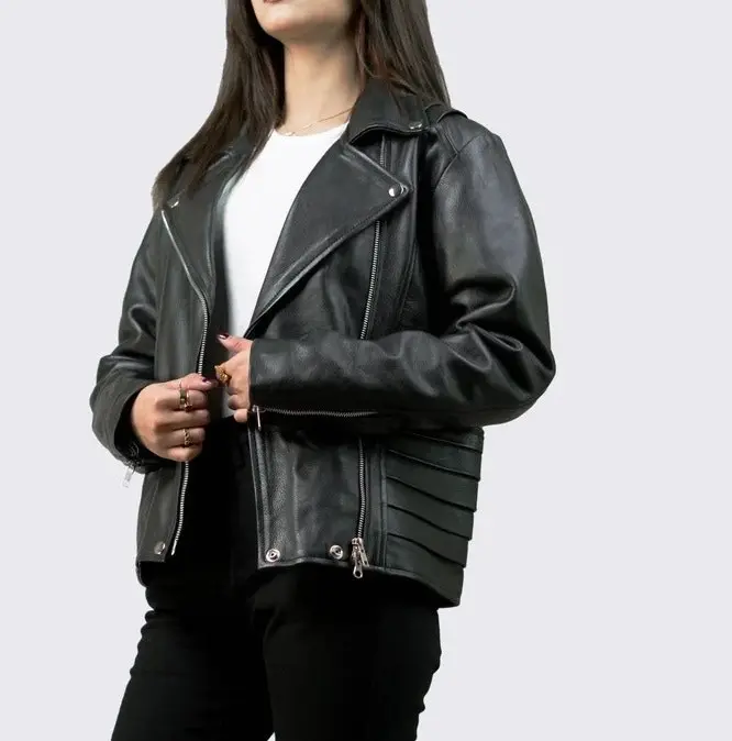 Women’s Biker Leather Jacket/Black Lambskin