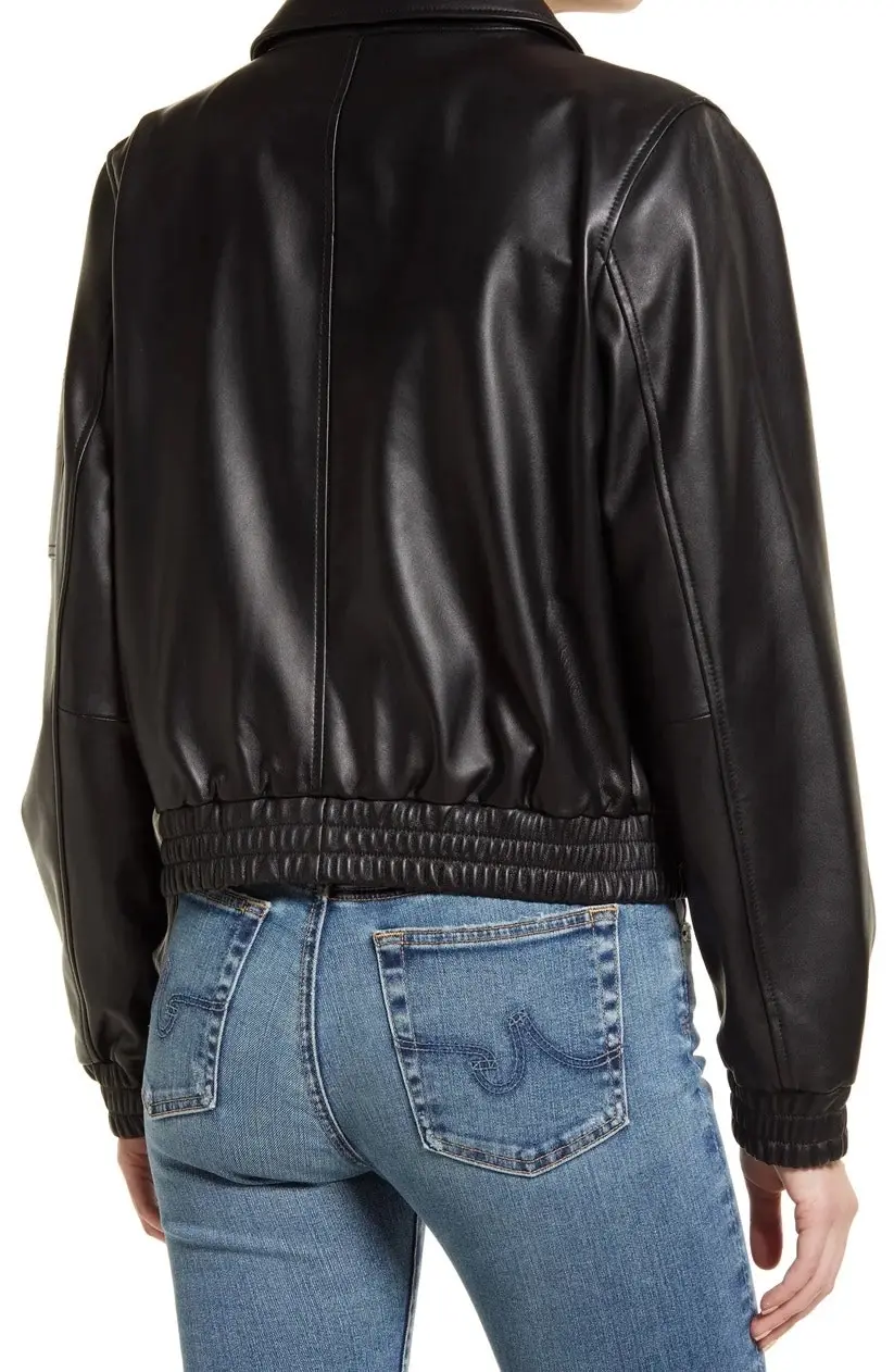 Spread Collar Bomber Jacket Women/Black Leather