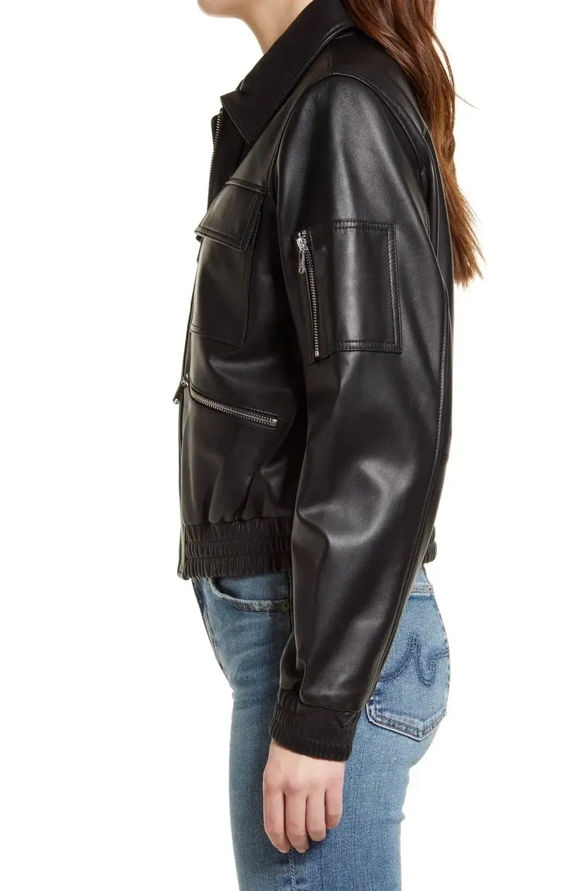 Spread Collar Bomber Jacket Women/Black Leather