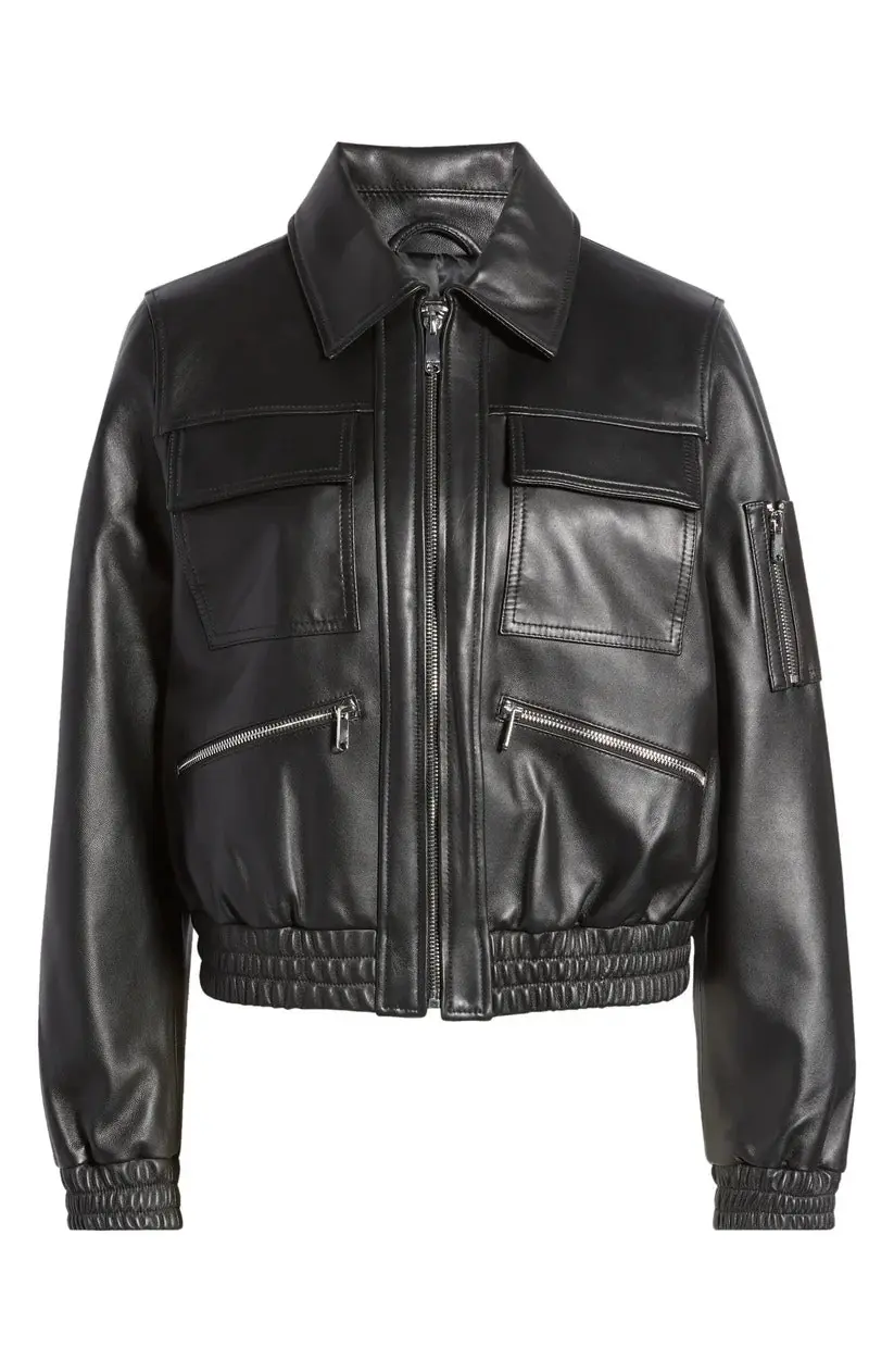 Spread Collar Bomber Jacket Women/Black Leather